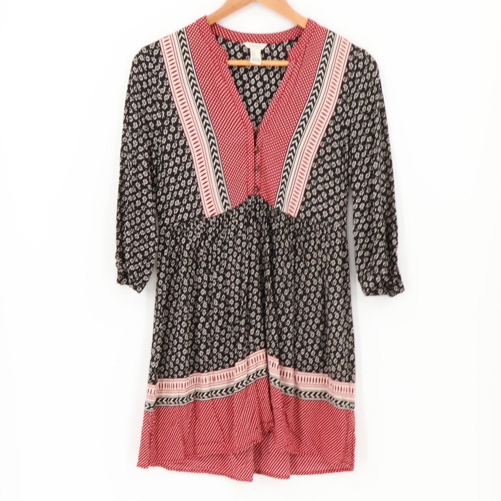 Boho Mixed Print Mini‎ Dress Peasant Long Sleeve Black Red Lightweight Size S